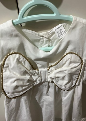 Kız Çocuk Beyaz Pamuklu Fiyonklu Elbise - Görsel 3