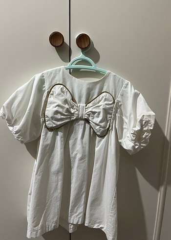 Kız Çocuk Beyaz Pamuklu Fiyonklu Elbise - Görsel 2