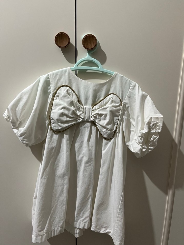 Kız Çocuk Beyaz Pamuklu Fiyonklu Elbise - Görsel 2