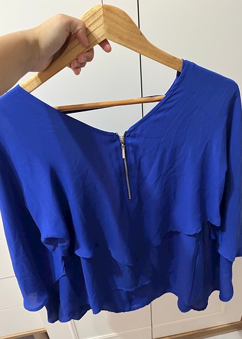 Mavi V Yaka Uzun Kollu Kadın Bluz - Görsel 3