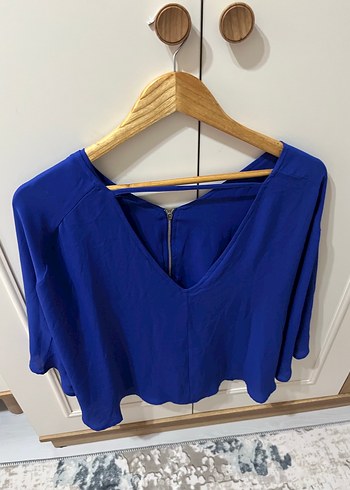 Mavi V Yaka Uzun Kollu Kadın Bluz - Görsel 2