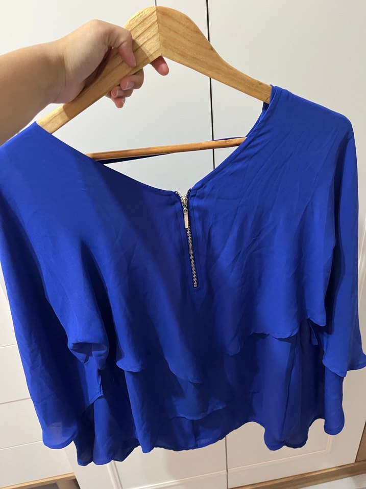 Mavi V Yaka Uzun Kollu Kadın Bluz - Görsel 3