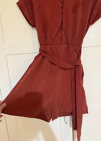 Kiremit Kısa Tulum, V Yaka, Kemerli - Görsel 2