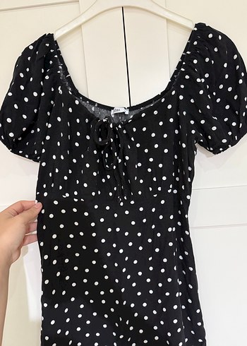 Siyah Puantiyeli V Yaka Mini Elbise - Görsel 2