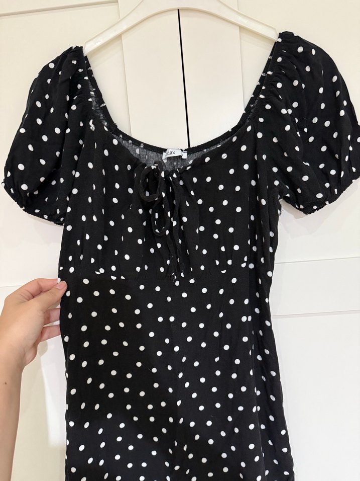 Siyah Puantiyeli V Yaka Mini Elbise - Görsel 2