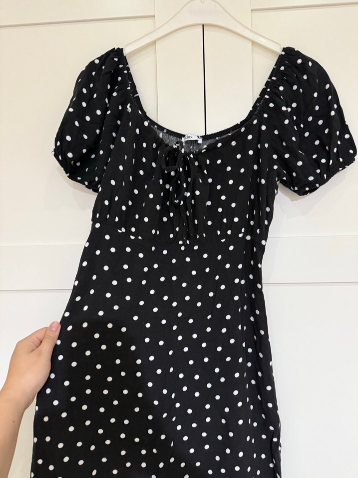 Siyah Puantiyeli V Yaka Mini Elbise - Görsel 3