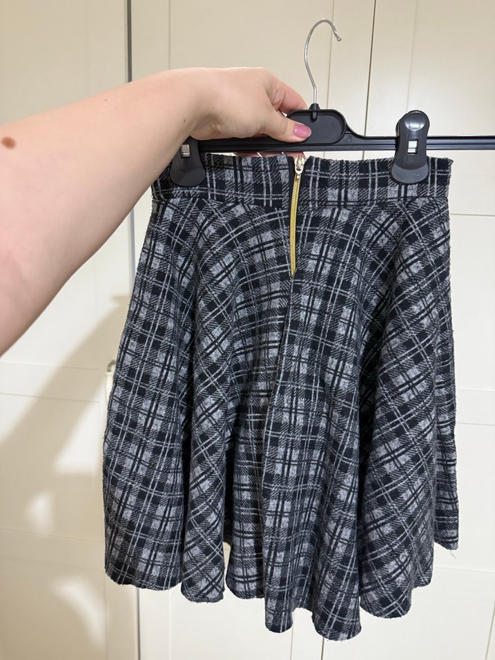 Gri Ekose Pileli Mini Kadın Etek - Görsel 2