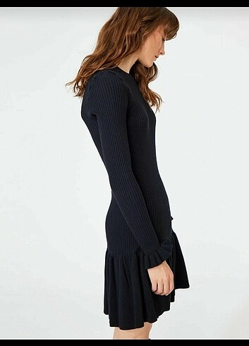 Adl siyah fırfır detaylı triko elbise - Görsel 7
