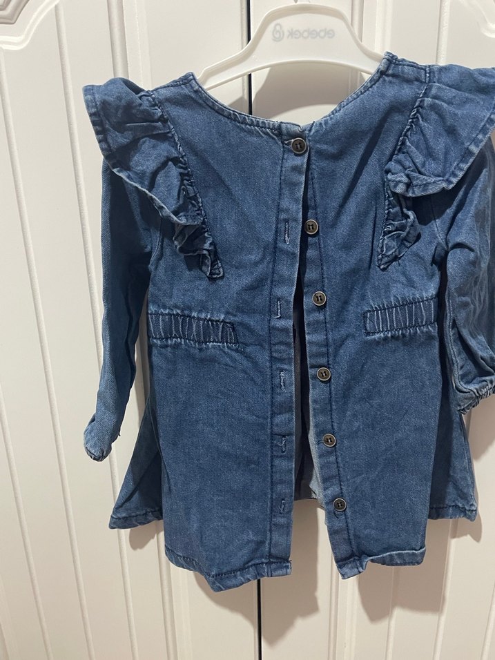 Uzun Kollu Fırfırlı Kız Kot Elbise - Görsel 3