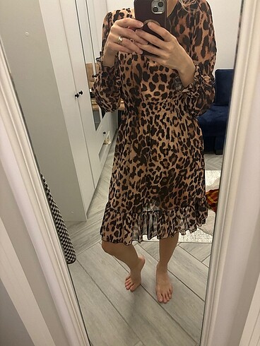 36 Beden kahverengi Renk Şifon leopar elbise