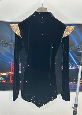 Siyah Uzun Kollu V Yaka Parlak Dans Kostümü - Görsel 4