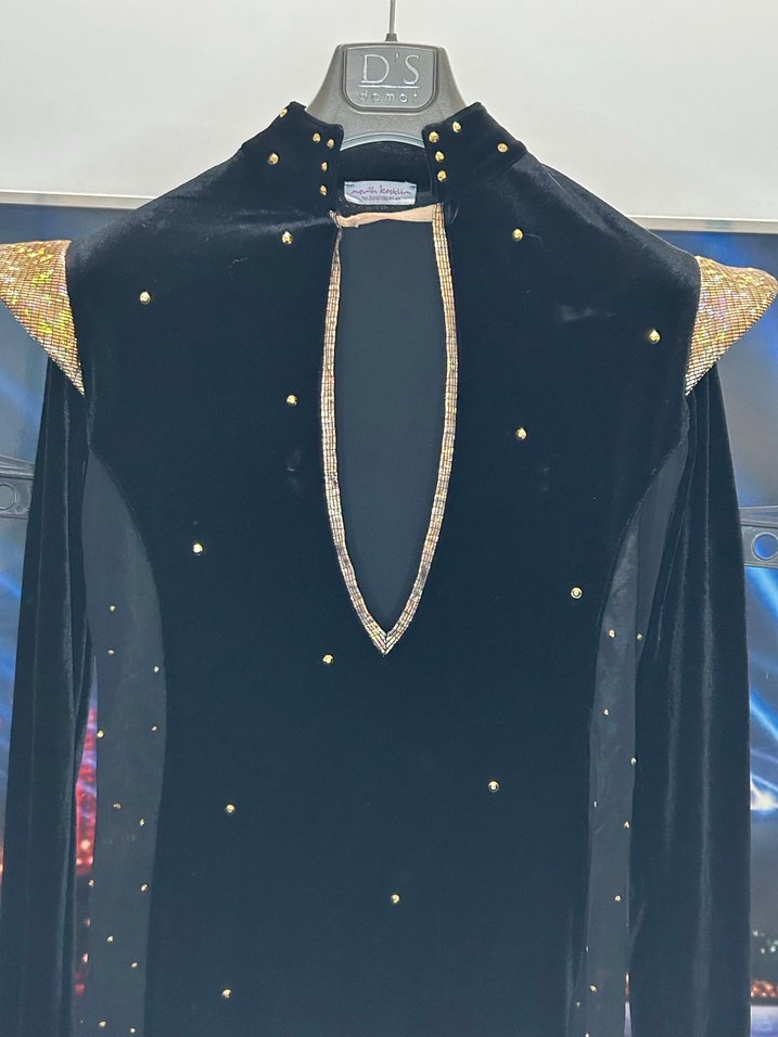 Siyah Uzun Kollu V Yaka Parlak Dans Kostümü - Görsel 2