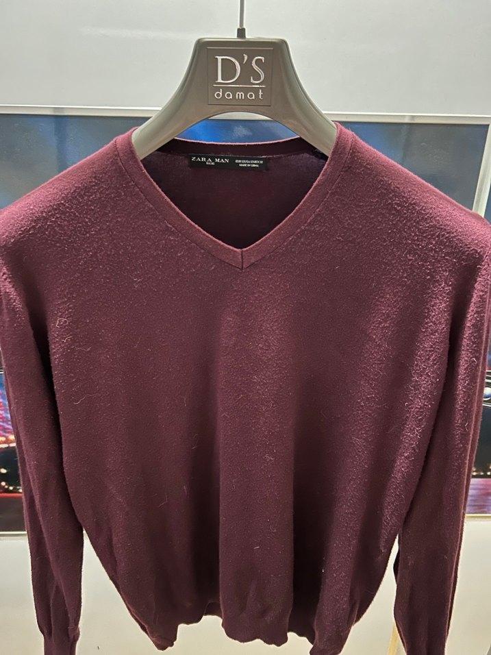 Zara Bordo V Yaka Erkek Triko Kazak - Görsel 2