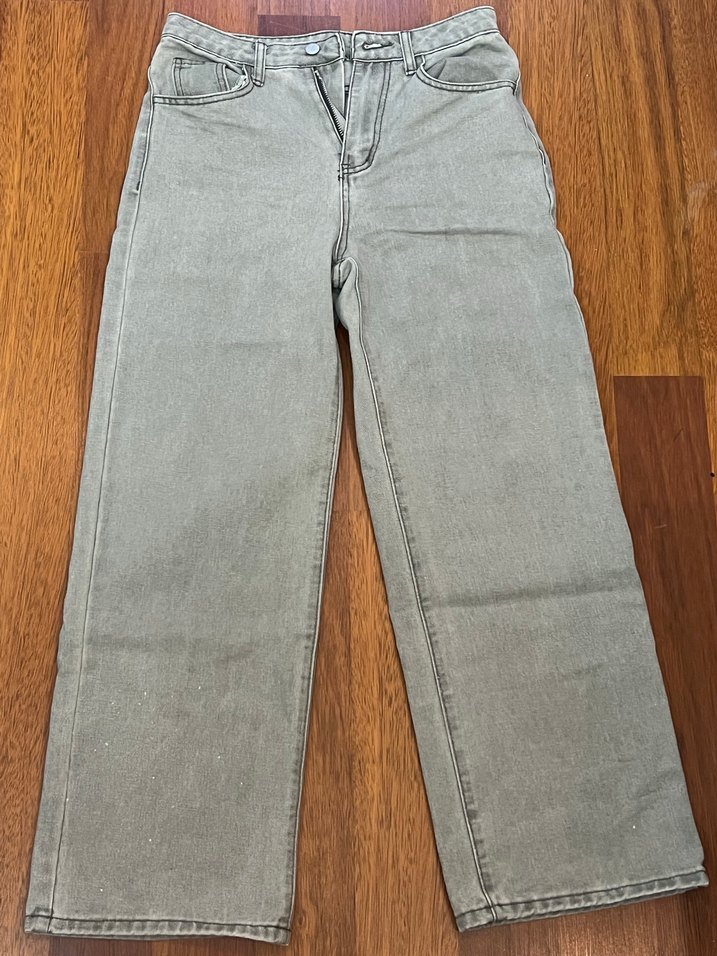 Düğmeli Bej Bol Paça Kadın Denim Pantolon M beden - Görsel 3