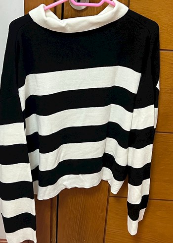 Siyah Beyaz Çizgili Triko Kadın Kazak M beden - Görsel 2