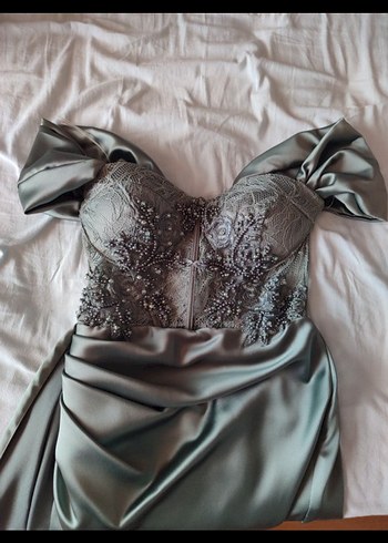 Drapeli düşük omuz Uzun Abiye Elbise - Görsel 3