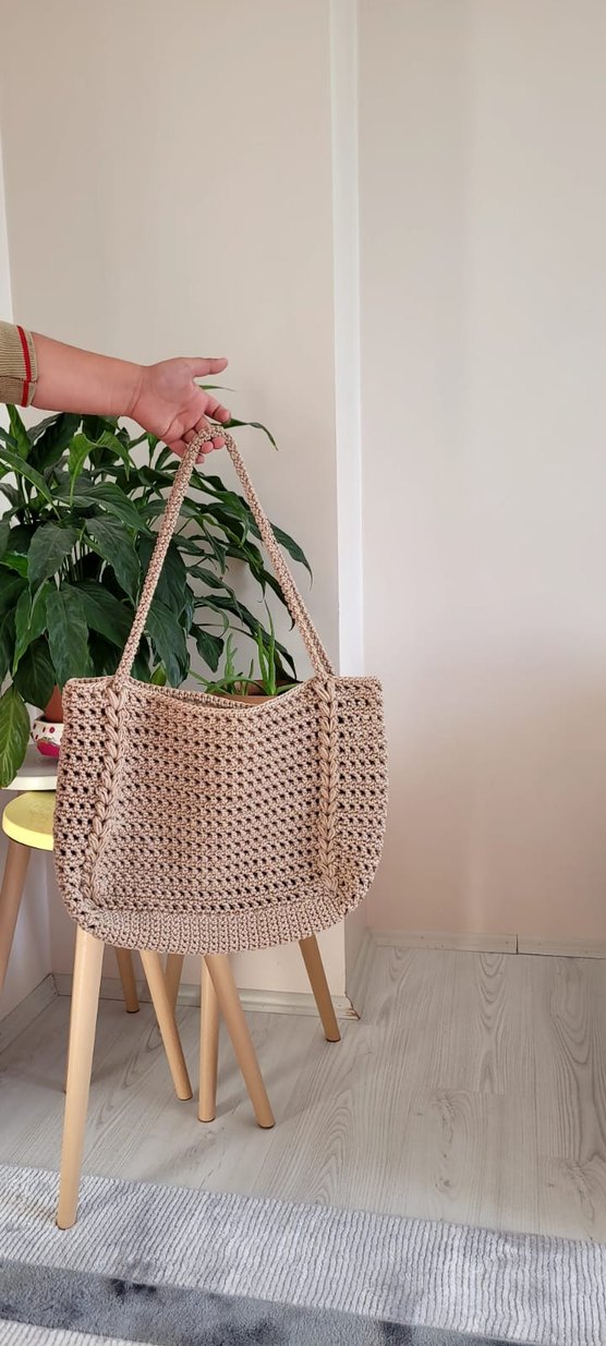 Bej Örgü Kadın Omuz Çantası - Görsel 2