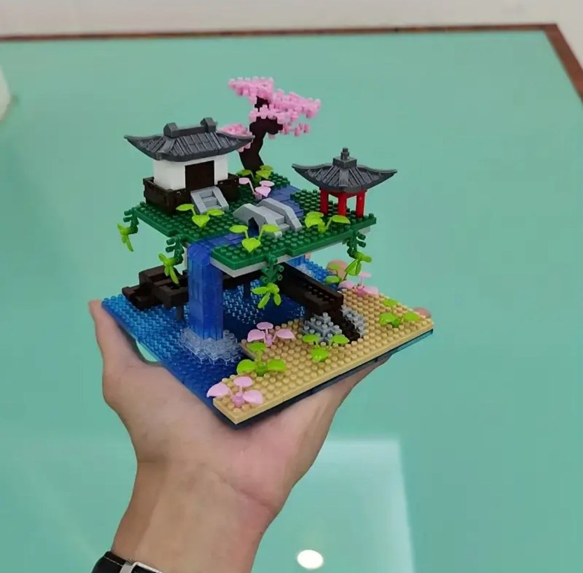 Şelale havuzlu ev Lego Bahçe Kiraz ağacı Lego blok kutulu - Görsel 2