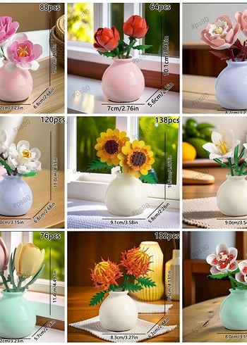 Mini Vazolu Çiçek Lego Blok Gül zambak lale Lego blok Kutulu - Görsel 6