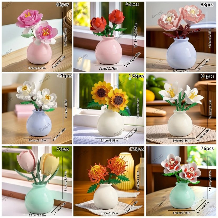 Mini Vazolu Çiçek Lego Blok Gül zambak lale Lego blok Kutulu - Görsel 2