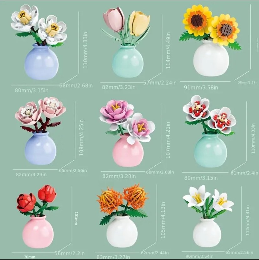 Mini Vazolu Çiçek Lego Blok Gül zambak lale Lego blok Kutulu - Görsel 4