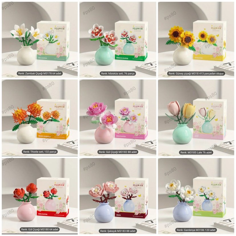 Mini Vazolu Çiçek Lego Blok Gül zambak lale Lego blok Kutulu - Görsel 3