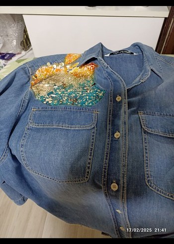 zara#twist#ipekyol#Nakışlı Uzun Kollu Mavi Denim Gömlek - Görsel 2