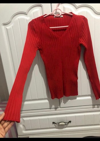 Kırmızı V Yaka Kadın Triko Kazak - Görsel 2