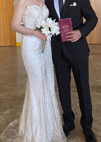 Uzun Kollu Beyaz Denizkızı Gelinlik - Görsel 4