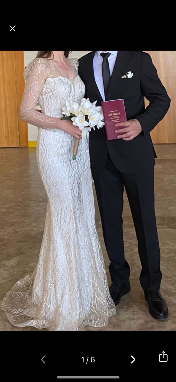 Uzun Kollu Beyaz Denizkızı Gelinlik - Görsel 4