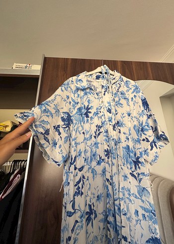 H&M Mavi Batik Desenli Pamuklu Uzun Elbise