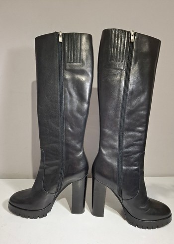 Siyah Deri Dizüstü Platform Topuklu Kadın Çizme - Görsel 3