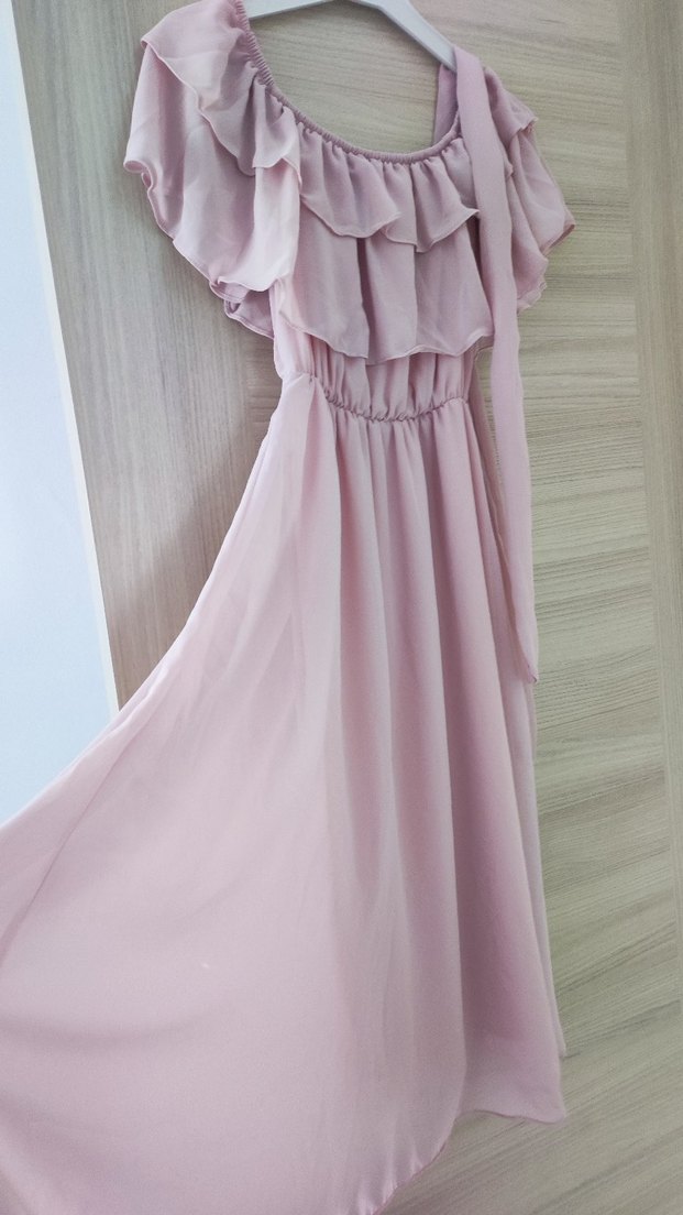 Pembe Volanlı Uzun Bohem Elbise - Görsel 2