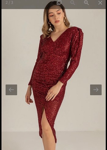 Payetli Bordo Mini V Yaka Elbise - Görsel 3