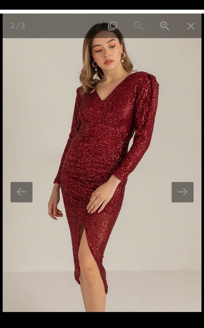 Payetli Bordo Mini V Yaka Elbise - Görsel 3