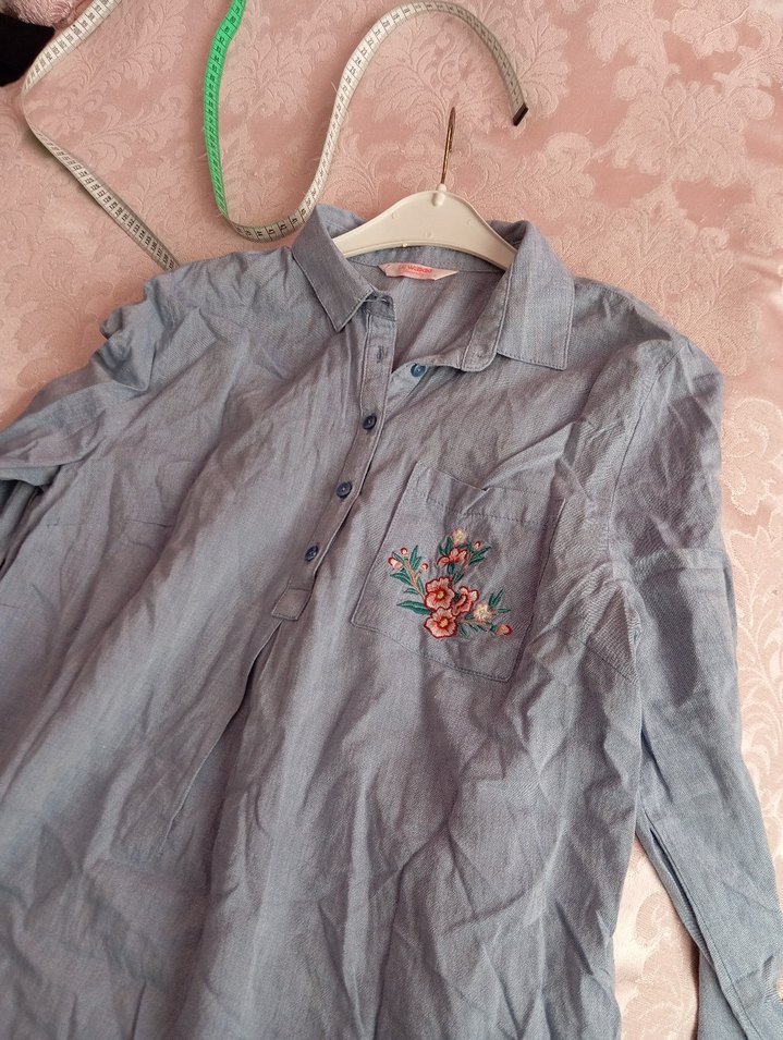 bebek mavisi Nakışlı Kadın Keten Gömlek - Görsel 2