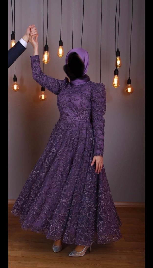 Mor İşlemeli Uzun Kollu Tesettür Abiye - Görsel 2