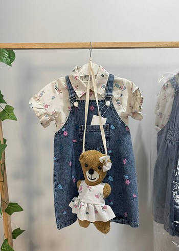 Nakışlı Mavi Kız Kot Salopet Elbise - Görsel 2