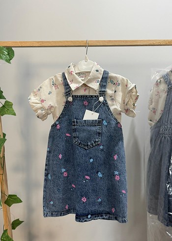 Nakışlı Mavi Kız Kot Salopet Elbise - Görsel 3