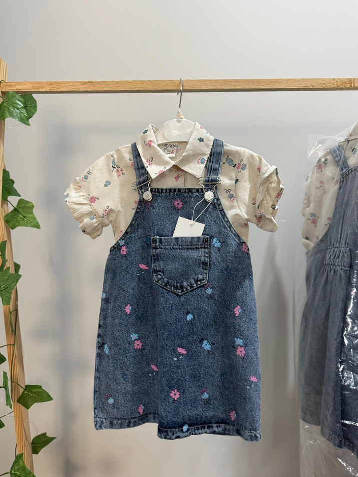 Nakışlı Mavi Kız Kot Salopet Elbise - Görsel 3