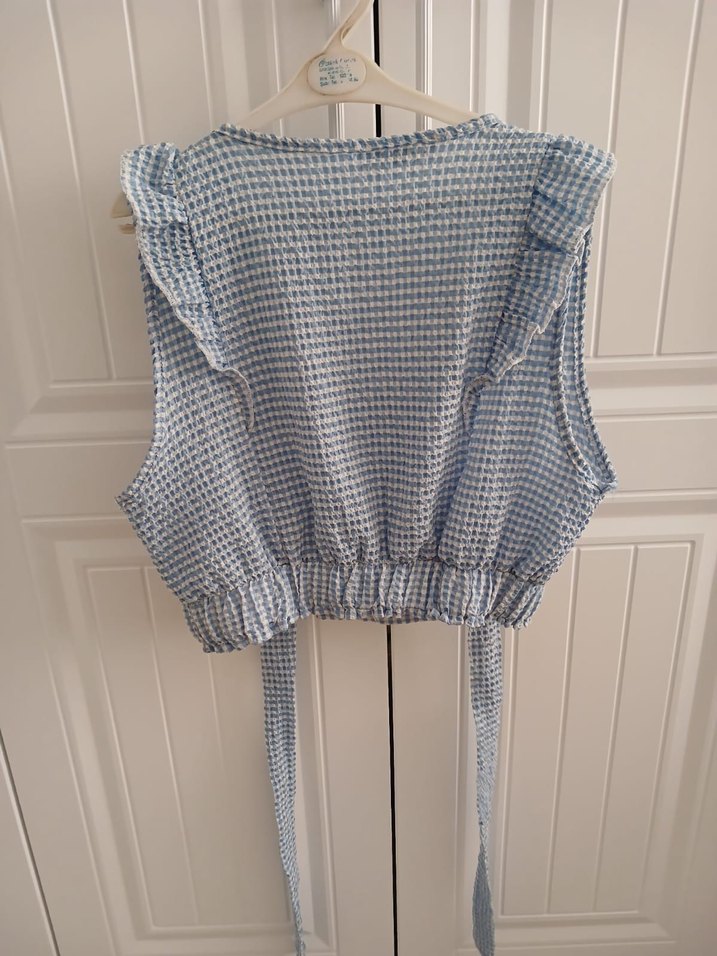 Düğmeli Mavi Mini Triko Bluz - Görsel 2