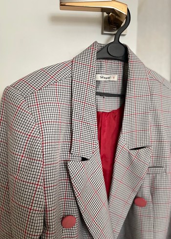 s Beden Düğmeli Gri Ekose Kadın Blazer Ceket