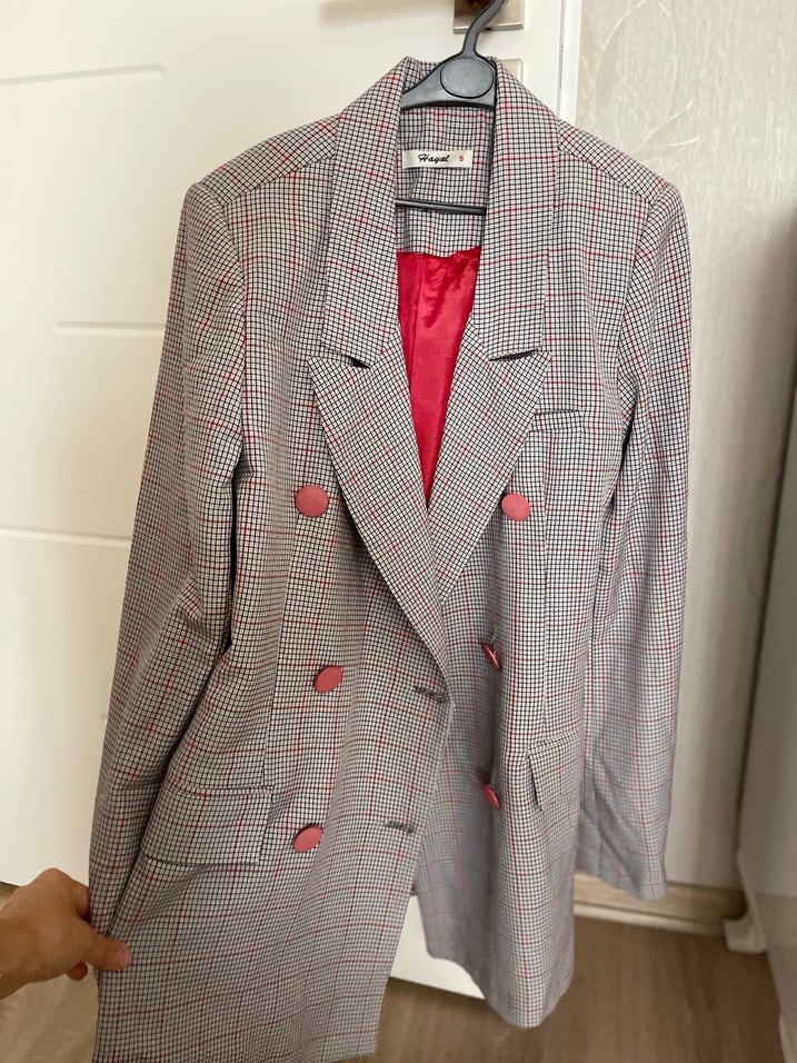 Düğmeli Gri Ekose Kadın Blazer Ceket - Görsel 3