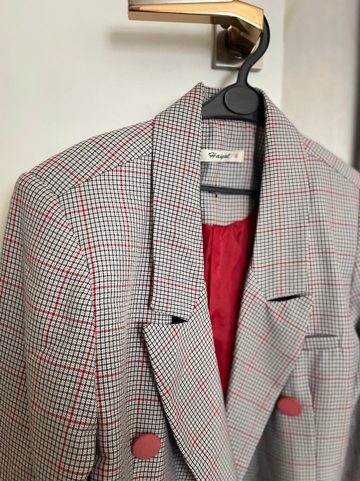 Düğmeli Gri Ekose Kadın Blazer Ceket - Görsel 2