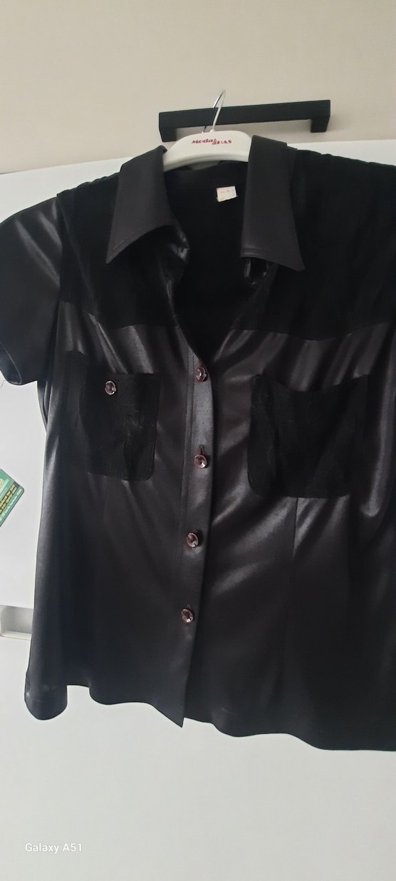 Düğmeli Siyah Deri gorunumlu Kadın Gömlek - Görsel 2