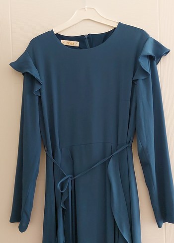 Uzun Mavi Drapeli Kadın Elbise - Görsel 7