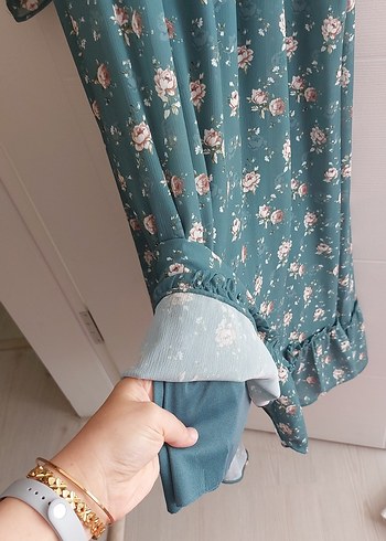 Turkuaz V Yaka Uzun Kollu Bohem Elbise - Görsel 5