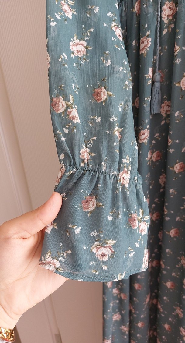 Turkuaz V Yaka Uzun Kollu Bohem Elbise - Görsel 3