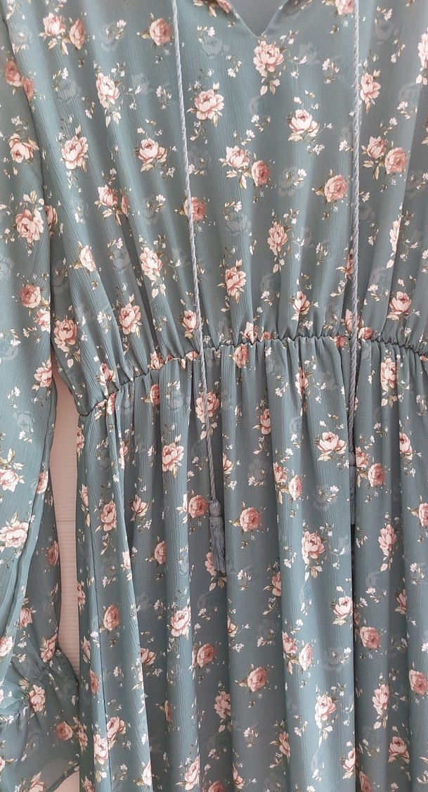 Turkuaz V Yaka Uzun Kollu Bohem Elbise - Görsel 2