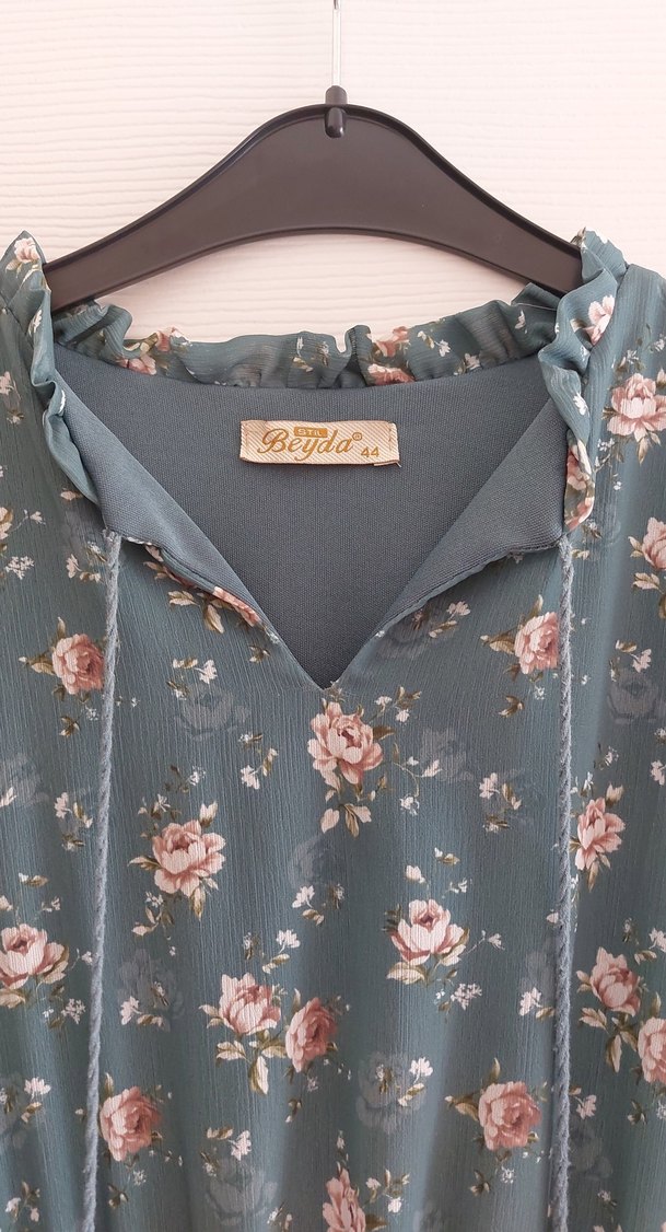 Turkuaz V Yaka Uzun Kollu Bohem Elbise - Görsel 4